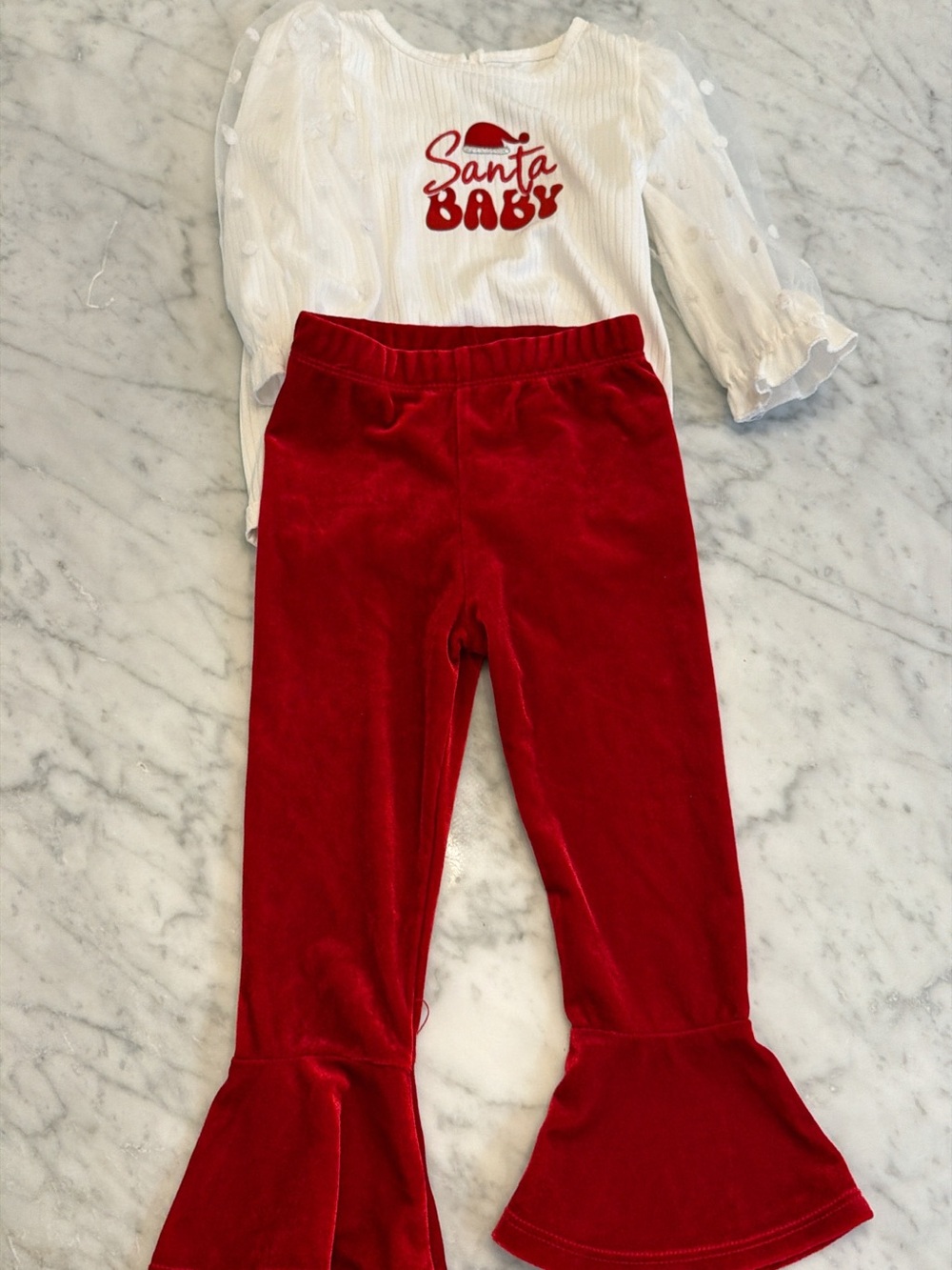 Santa Baby Red Velvet Girls Matching Set - White Top & Red Pants